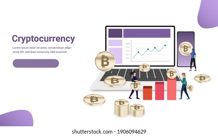 Cryptocurrency concept. Laptop and mobile phone with small people gathering coins and bar graph