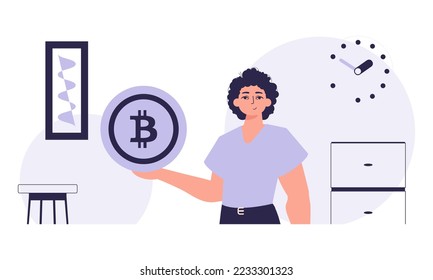 Cryptocurrency concept. A man holds a bitcoin in his hands. Character in trendy style.