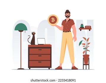 Cryptocurrency concept. A man holds a bitcoin coin in his hands. Character in modern trendy style.