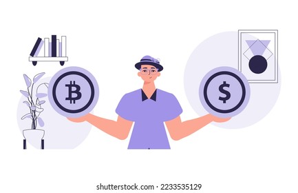 Cryptocurrency concept. A man holds a bitcoin and a dollar in his hands. Character with a modern style.