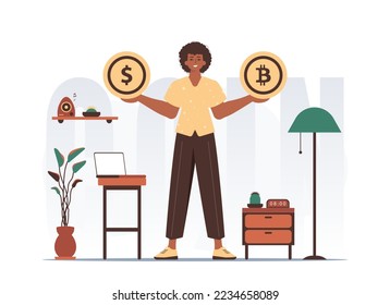 Cryptocurrency concept. A man holds a bitcoin and a dollar in his hands. Character in modern trendy style.