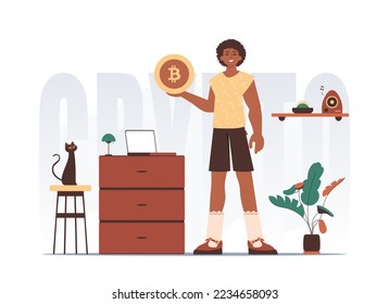 Cryptocurrency concept. A man holds a bitcoin in the form of a coin in his hands. Character with a modern style.