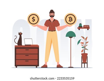 Concepto de criptodivisa. Un hombre tiene en sus manos una moneda de bitcoin y dólar. El carácter es moderno y de diseño.