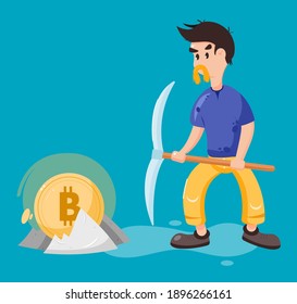 Cryptocurrency concept with miner and coins. A man with jackhammer and pickaxe working in bitcoin mine