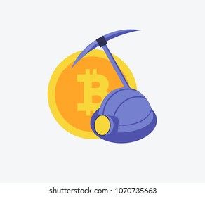 Cryptocurrency concept of mining and coins. Symbol of pick and helmet and bitcoin coin in flat design