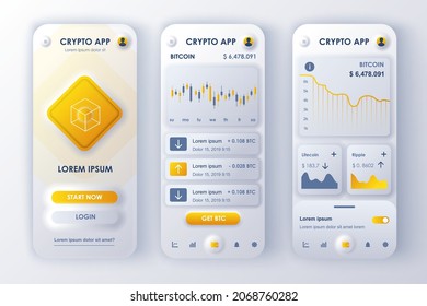 Cryptocurrency concept neumorphic templates set. Financial data analytics, buying and selling bitcoins, mining. UI, UX, GUI screens for responsive mobile app. Vector design kit in neumorphism style