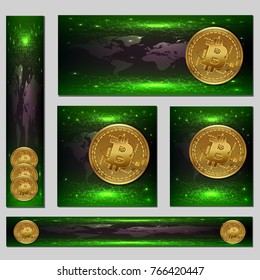 Cryptocurrency concept on a dark green background world map and internet connection. The concept of a banner of different shapes for your advertising. vector illustration