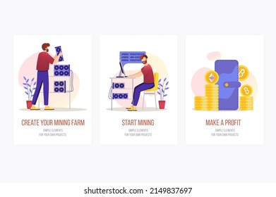 Cryptocurrency concept onboarding screens. Man creates mining farm, starts process and receives bitcoins. Modern UI, UX, GUI user interface kit with people scene for web design. Vector illustration