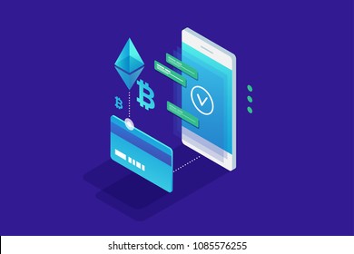 Cryptocurrency concept. Payment by cryptocurrency Ethereum and bitcoin. Perfect for web design, banner and presentation. Isometric vector illustration.