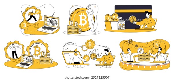 Cryptocurrency concept. People are handling Bitcoin transactions, mining, online payments, and blockchain technology. Ideal for digital finance, cryptocurrency education, investment strategies