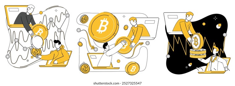 Cryptocurrency concept. People interact with laptops and Bitcoin symbols. Ideal for technology, finance, blockchain, digital transactions, and cryptocurrency education themes. Contemporary