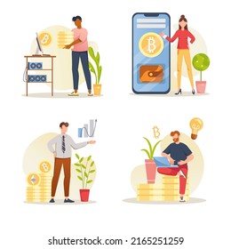 Cryptocurrency concept with people scene set. Men and women mining crypto money, buying and selling bitcoins at marketplaces, trade and increase income. Vector illustration in flat design for web