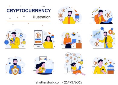 Cryptocurrency concept with people scenes set in flat design. Men and women earning profit with bitcoin transactions at crypto exchange platform. Vector illustration visual stories collection for web
