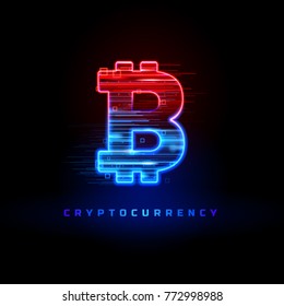 Cryptocurrency concept. Textured neon light sign with neon lines, geometric figures. Movement of particles, the flow of data, exchange of information. Futuristic label design. Luminous cyber hologram.