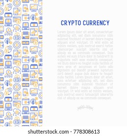 Cryptocurrency concept with thin line icons set: mining farm, bitcoin, exchange, wallet, online banking, coin, payment. Modern vector illustration for banner, web page.