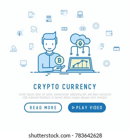 Cryptocurrency concept with thin line icons set: mining farm, bitcoin, exchange, wallet, online banking, coin, payment. Modern vector illustration, web page template.