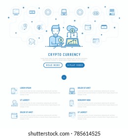Cryptocurrency concept with thin line icons set: mining farm, bitcoin, exchange, wallet, online banking, coin, payment. Modern vector illustration, web page template.