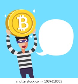Cryptocurrency concept vector cartoon a thief with big coin and white speech bubble for design.