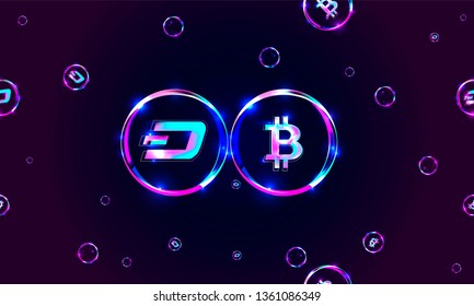 Cryptocurrency concept vector futuristic label design neon technology illustration light lines geometric bitcoin dash