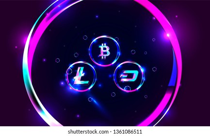 Cryptocurrency concept vector futuristic label design neon technology illustration light lines geometric litecoin bitcoin dash