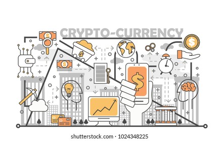 Cryptocurrency concept vector illustration. Thin line flat style design element for web banners and printed materials.