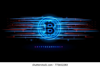 Cryptocurrency concept. Vector technology illustration. Neon light sign with with neon lines, geometric figures. Futuristic label design. Luminous cyber hologram. Sci fi digital futuristic theme.