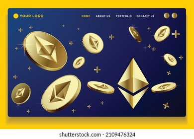 Cryptowährung-Konzept-Website Landing Page UI Design-Vorlage mit ethereum goldfarbenen Münzen schwimmenden Vektorgrafik