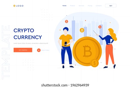 Cryptocurrency concept website template. Two people are following the movement of cryptocurrency quotes. Digital business illustrations
