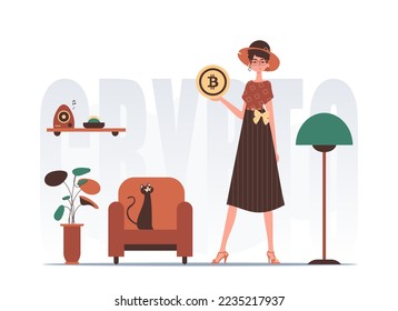 Cryptocurrency concept. A woman holds a bitcoin coin in her hands. Character with a modern style.