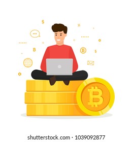 Cryptocurrency concept. Young man sitting on golden stacks coin with laptop. Blockchain network technology. Vector illustration isolated on white background.