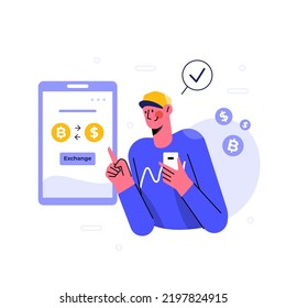 Cryptocurrency concept with young man using a smartphone to exchange currency