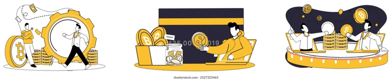 Cryptocurrency concepts. Depicts various financial transactions including Bitcoin mining, digital bank transfers, and trading. Ideal for blockchain learning, investment education, tech advancements