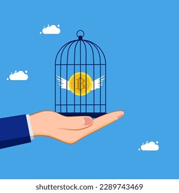 Cryptocurrency control. Confine or lock digital coins in a birdcage. concept of finance and investment