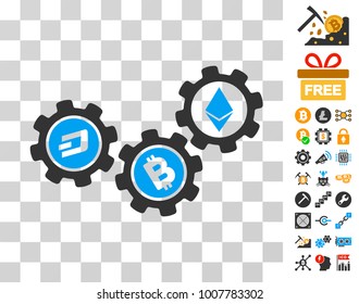 Cryptocurrency Conversion Gears icon with bonus bitcoin mining and blockchain icons. Vector illustration style is flat iconic symbols. Designed for crypto-currency websites.