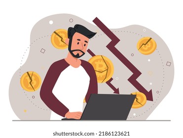 Cryptocurrency Crash Concept. Sad Man Using Laptop Looks At Falling Chart Or Graph, Financial Problems And Incompetence. Unsuccessful Investor, Crisis And Poverty. Cartoon Flat Vector Illustration