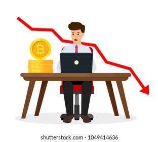 Cryptocurrency crash graph. Bitcoin crypto currency concept. Surprised businessman. Vector illustration isolated on white background.