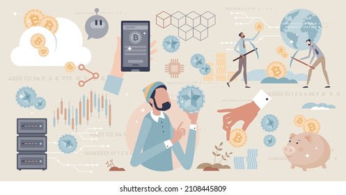 Cryptocurrency or crypto digital money mining elements tiny person collection. Virtual financial assets technology items for payments or transactions vector illustration. Smart trading with btc wallet