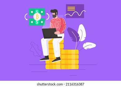 Cryptocurrency and crypto mining modern flat concept. Man buys and sells bitcoins using laptop, analyzes financial data and increase income. Vector illustration with people scene for web banner design