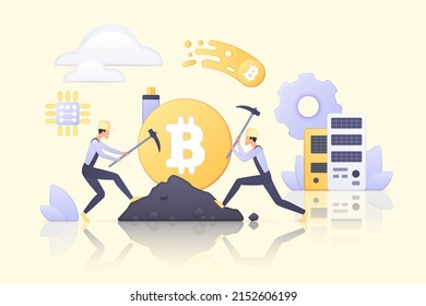 Cryptocurrency, data mining system. Tiny people work with software on servers, hardware and network, mine and trade crypto currency 3d vector illustration. Blockchain, virtual money concept