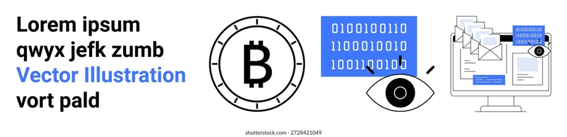 Criptomonedas, protección de datos, privacidad en línea, tecnología blockchain, comunicación digital, ciberseguridad. Símbolo de Bitcoin, ojo con correos electrónicos de código binario e internet. Criptomonedas y datos