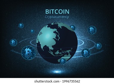 Cryptocurrency design.Glowing polygonal bitcoin coin revolve around the world.Cryptocurrency currency global network connections background concept.