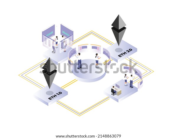 Cryptocurrency - Developers works on\
Ethereum merge isometric 3d vector illustration\
concept