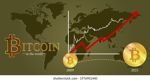 Cryptocurrency development statistics from 2009 to 21 years. Vector. Dark green color. Illustration. Bitcoin. Virtual money. Background.