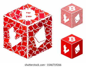 Cryptocurrency dice composition of uneven items in variable sizes and color tinges, based on cryptocurrency dice icon. Vector inequal items are united into collage.