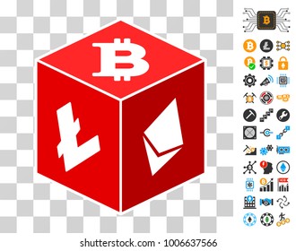 Cryptocurrency Dice icon with bonus bitcoin mining and blockchain pictographs. Vector illustration style is flat iconic symbols. Designed for bitcoin ui toolbars.