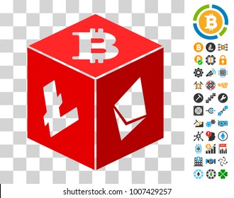 Cryptocurrency Dice icon with bonus bitcoin mining and blockchain images. Vector illustration style is flat iconic symbols. Designed for bitcoin apps.