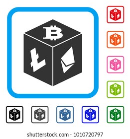 Cryptocurrency Dice icon. Flat grey iconic symbol inside a blue rounded squared frame. Black, gray, green, blue, red, orange color versions of cryptocurrency dice vector.