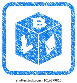 Cryptocurrency Dice scratched textured icon inside rounded rectangle for overlay watermark stamps. Flat symbol with unclean texture.