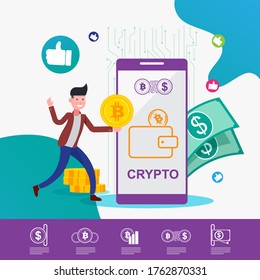 Kryptowährung, Digital Asset. Moderne Finanzinvestition und neue Normalität, Vektorgrafik mit Zeichentrickfiguren.