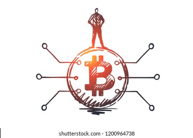 Cryptocurrency, digital, finance, coin concept. Hand drawn man stand on bitcoin concept sketch. Isolated vector illustration.